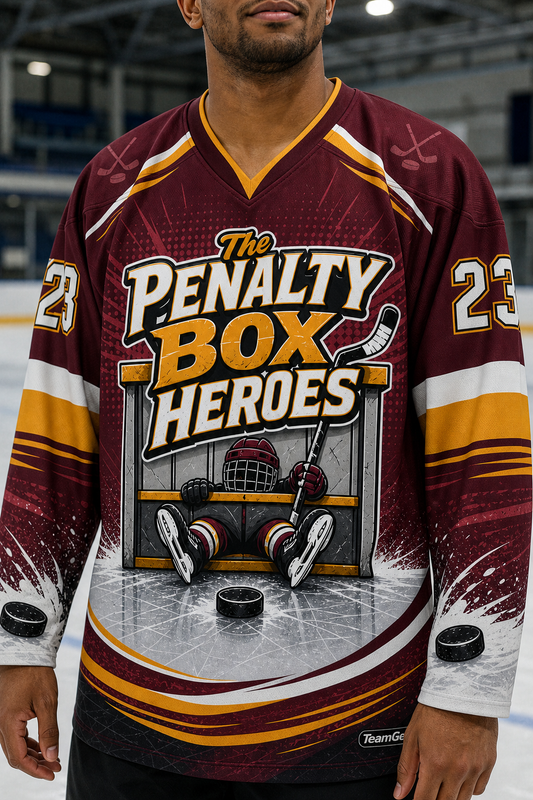 The Penalty Box Heroes Maroon Hockey Jersey — custom hockey jersey worn on model — TeamGear Canada