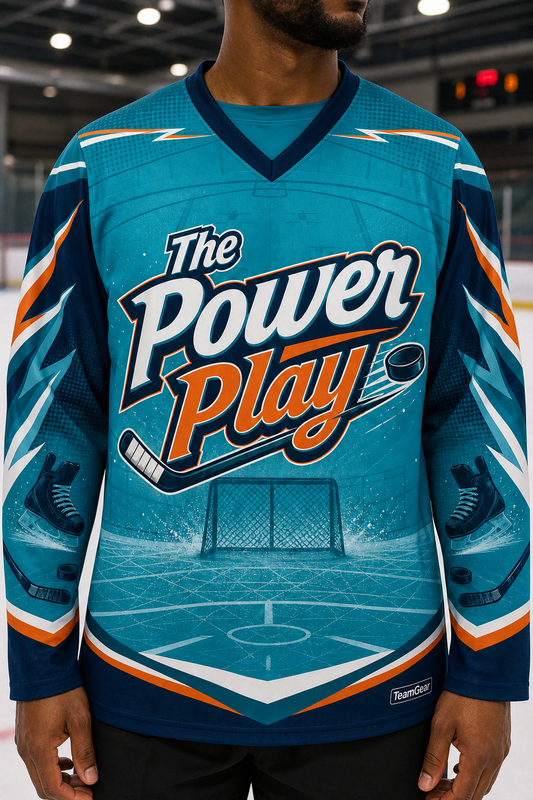 The Power Play Teal Hockey Jersey — custom hockey jersey worn on model — TeamGear Canada