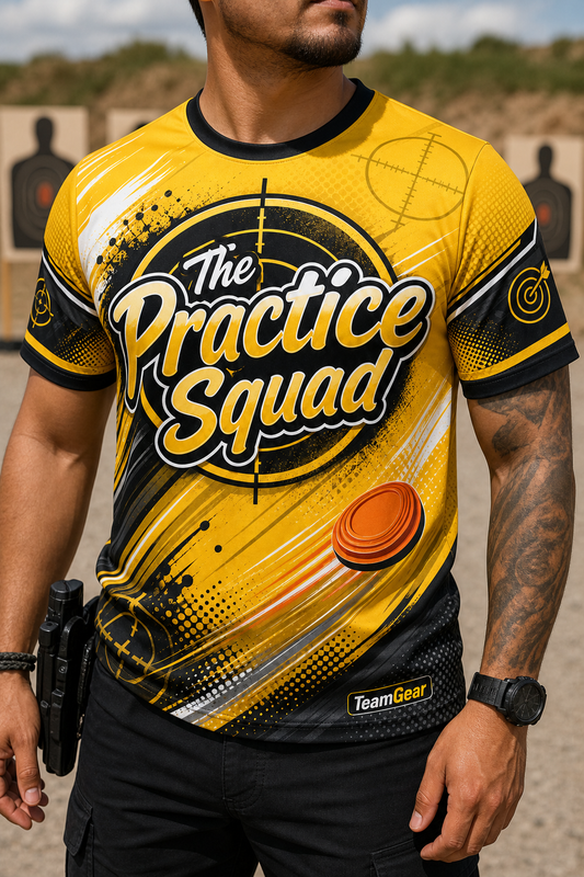 The Practice Squad Gold Shooting Jersey — custom shooting jersey worn on model — TeamGear Canada