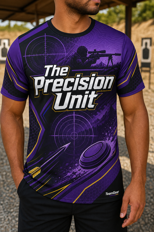 The Precision Unit Purple Shooting Jersey — custom shooting jersey worn on model — TeamGear Canada