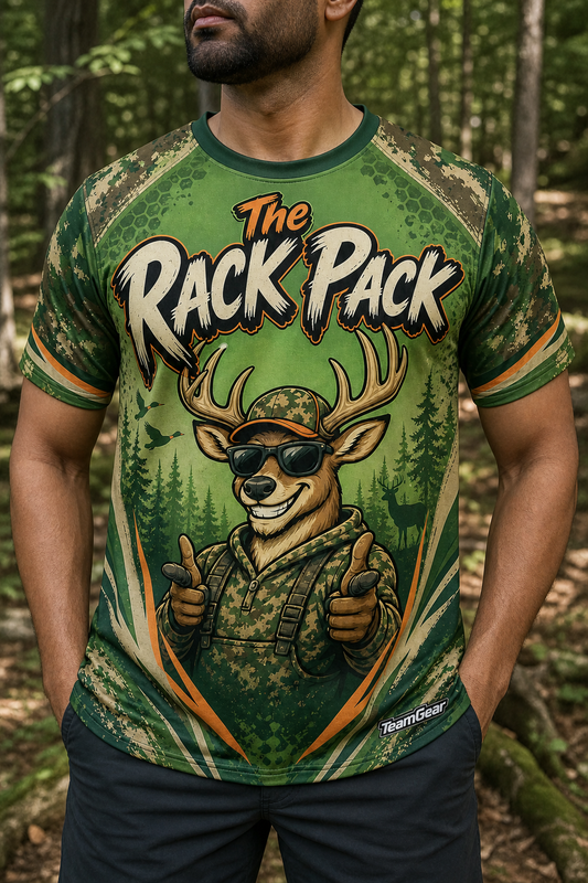 The Rack Pack Green Hunting Jersey — custom hunting jersey worn on model — TeamGear Canada