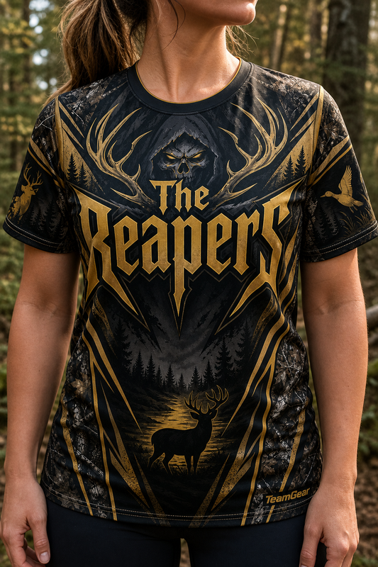 The Reapers Gold Hunting Jersey — custom hunting jersey worn on model — TeamGear Canada