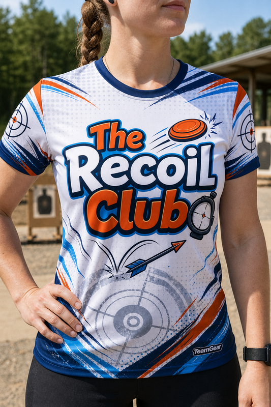 The Recoil Club White Shooting Jersey — custom shooting jersey worn on model — TeamGear Canada