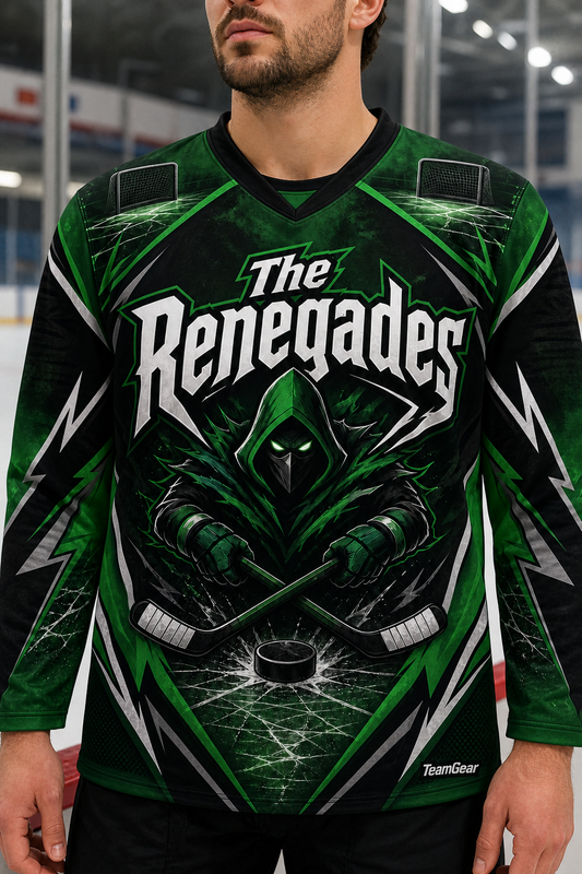 The Renegades Green Hockey Jersey — custom hockey jersey worn on model — TeamGear Canada