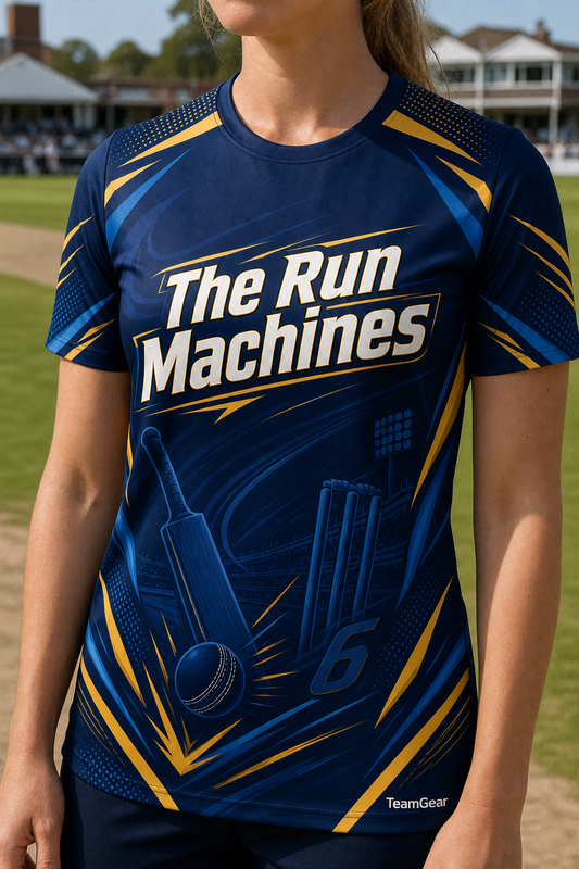 The Run Machines Navy Cricket Jersey — custom cricket jersey worn on model — TeamGear Canada