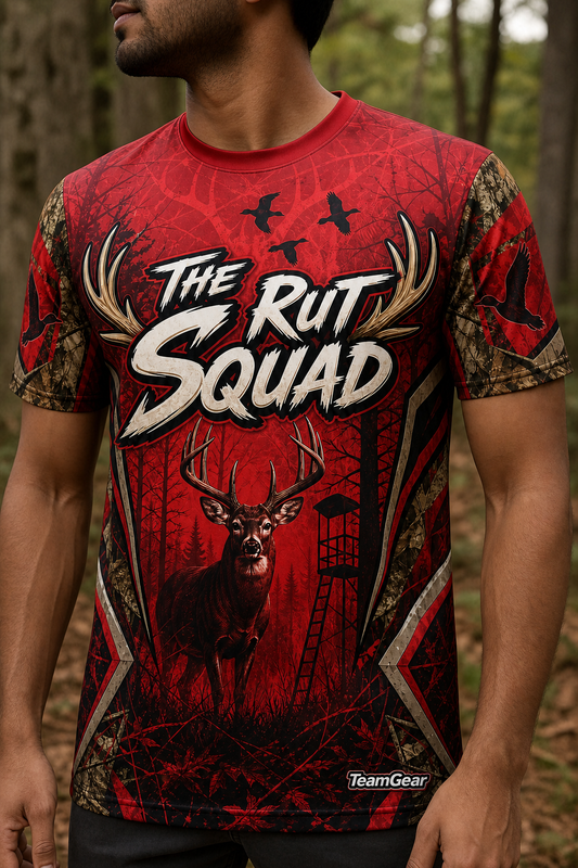 The Rut Squad Red Hunting Jersey — custom hunting jersey worn on model — TeamGear Canada