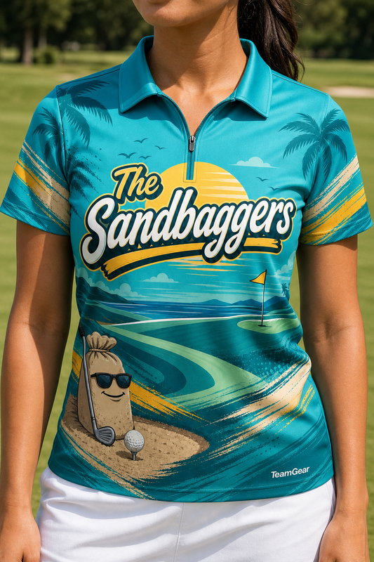 The Sandbaggers Teal Golf Polo — custom golf team apparel worn on model — TeamGear Canada