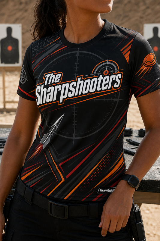 The Sharpshooters Black Shooting Jersey — custom shooting jersey worn on model — TeamGear Canada