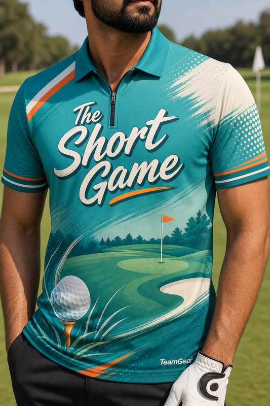 The Short Game Teal Golf Polo — custom golf team apparel worn on model — TeamGear Canada
