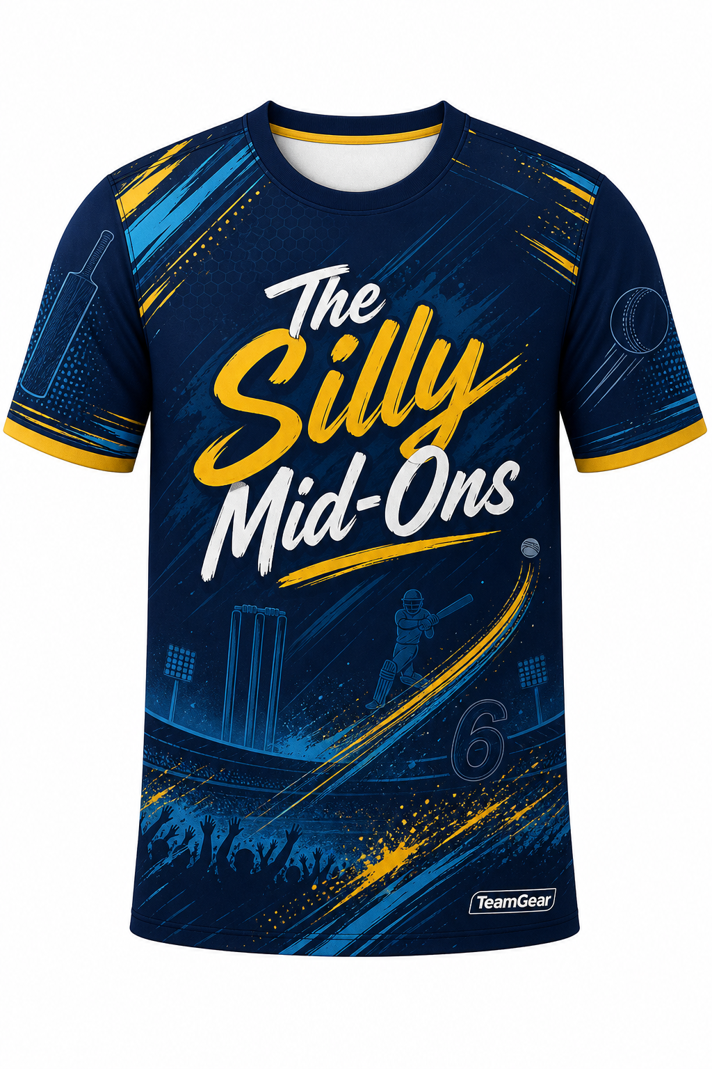 The Silly Mid-Ons Navy Cricket Jersey design