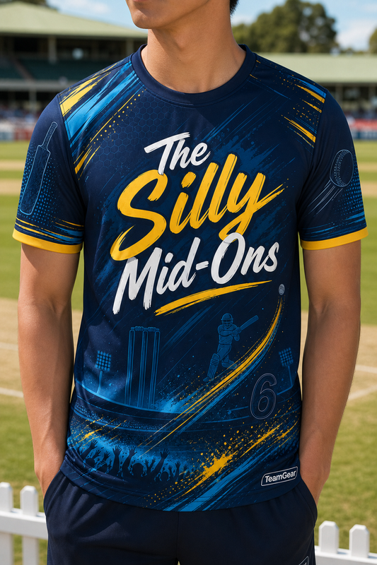 The Silly Mid-Ons Navy Cricket Jersey — custom cricket jersey worn on model — TeamGear Canada
