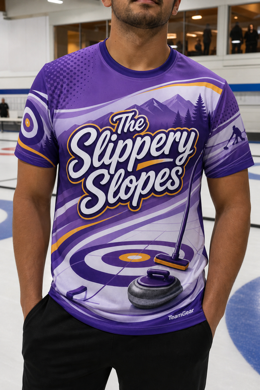 The Slippery Slopes Purple Curling Jersey — custom curling jersey worn on model — TeamGear Canada