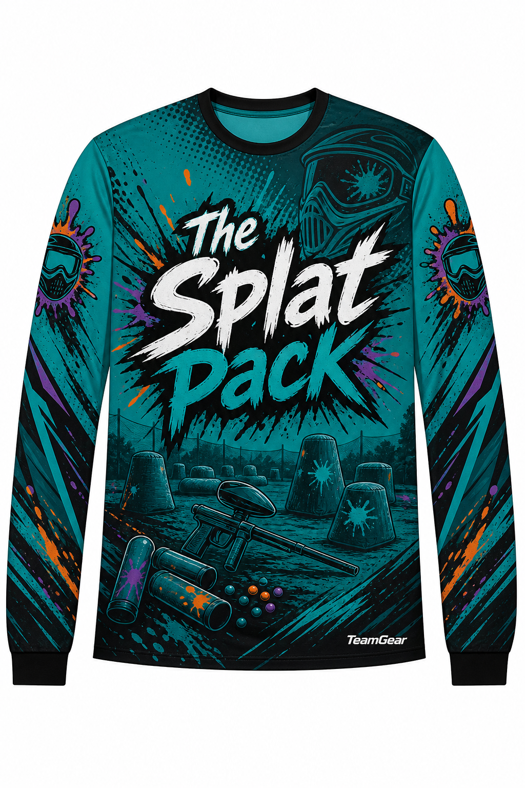 The Splat Pack Teal Long Sleeve Paintball Jersey design