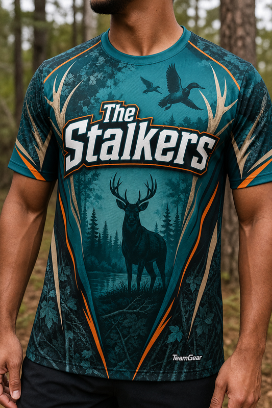 The Stalkers Teal Hunting Jersey — custom hunting jersey worn on model — TeamGear Canada