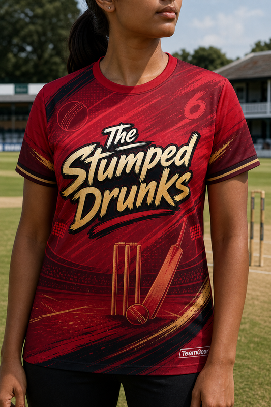 The Stumped Drunks Crimson Cricket Jersey — custom cricket jersey worn on model — TeamGear Canada