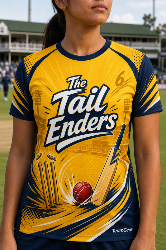The Tail Enders Gold Cricket Jersey — custom cricket jersey worn on model — TeamGear Canada