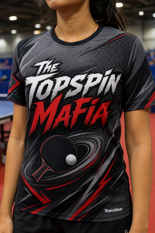 The Topspin Mafia Grey Table Tennis Jersey — custom table tennis jersey worn on model — TeamGear Canada