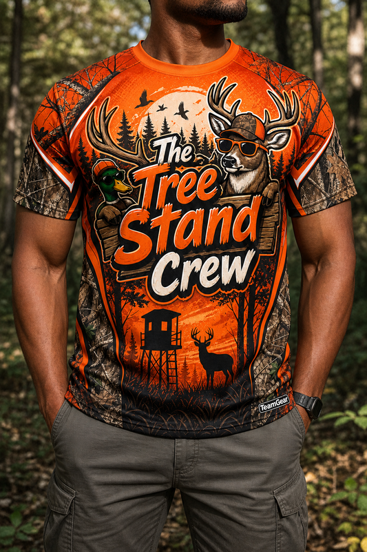 The Tree Stand Crew Orange Hunting Jersey — custom hunting jersey worn on model — TeamGear Canada