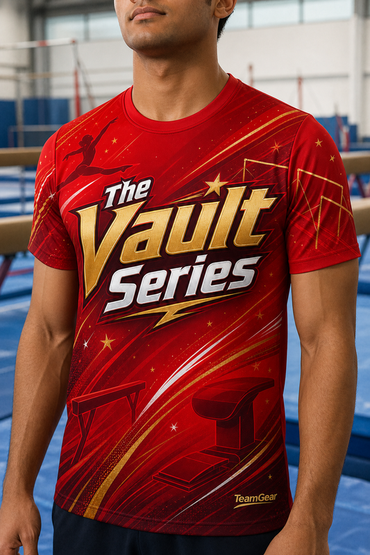 The Vault Series Red Gymnastics Jersey — custom gymnastics jersey worn on model — TeamGear Canada