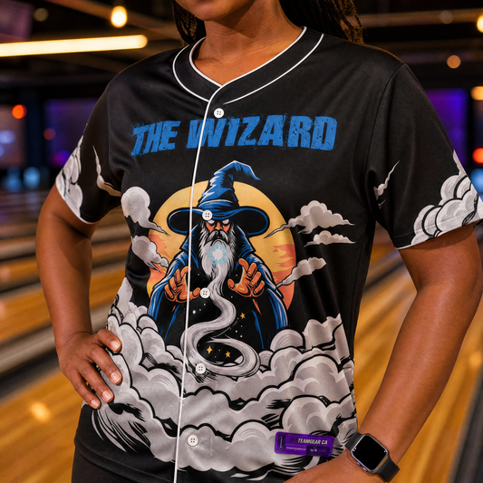 The Wizard Bowling Jersey — custom bowling jersey worn on model — TeamGear Canada
