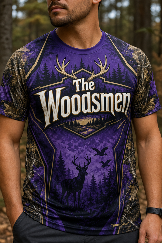 The Woodsmen Purple Hunting Jersey — custom hunting jersey worn on model — TeamGear Canada