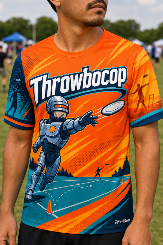 Throwbocop Orange Ultimate Frisbee Jersey — custom ultimate frisbee jersey worn on model — TeamGear Canada