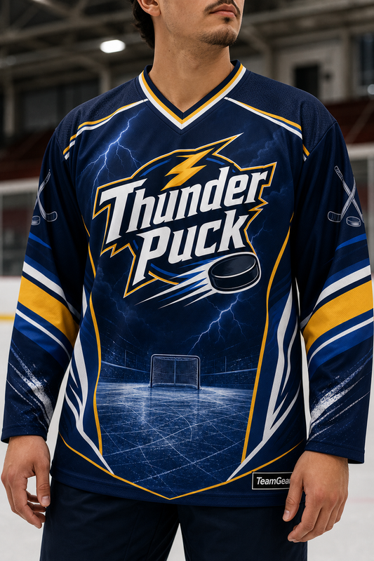 Thunder Puck Navy Hockey Jersey — custom hockey jersey worn on model — TeamGear Canada