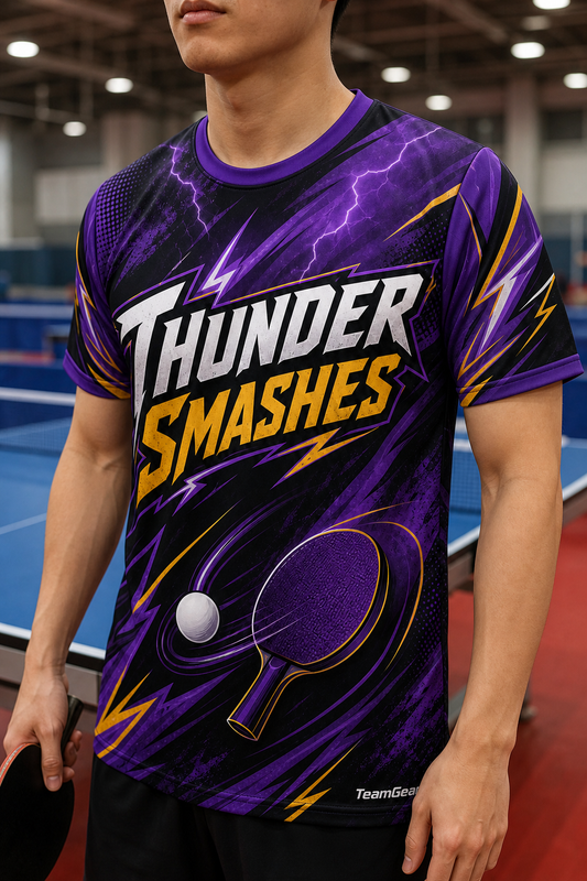 Thunder Smashes Purple Table Tennis Jersey — custom table tennis jersey worn on model — TeamGear Canada