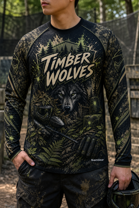 Timber Wolves Black Long Sleeve Paintball Jersey — custom paintball jersey worn on model — TeamGear Canada