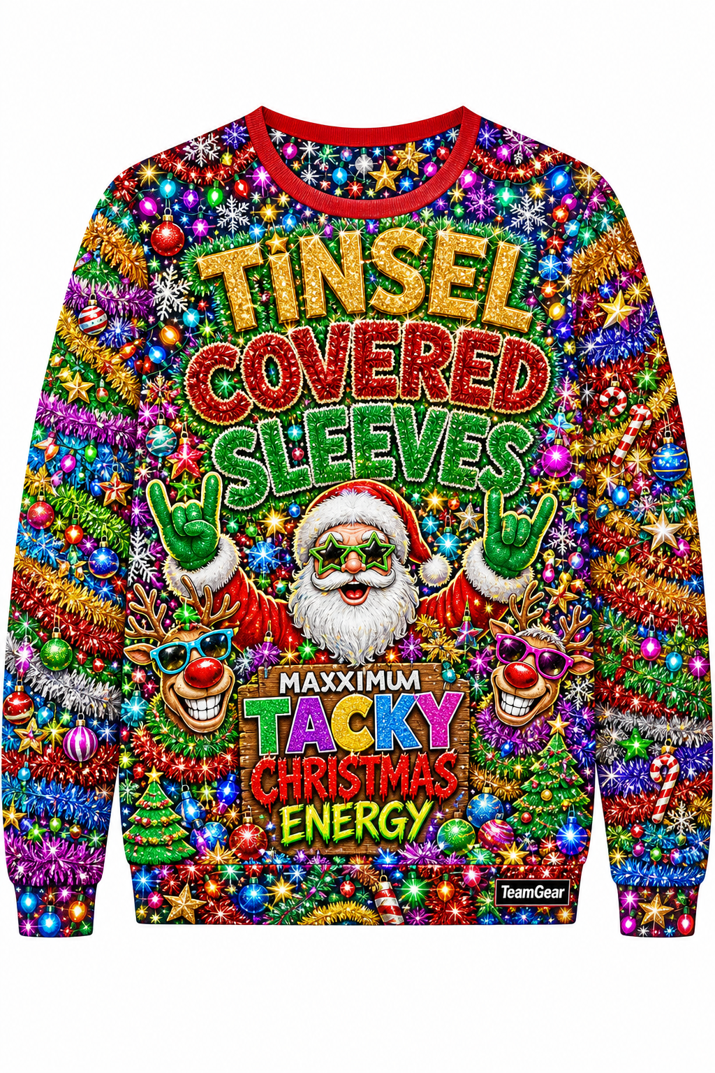Tinsel-Covered Sleeves Ugly Christmas Sweater design