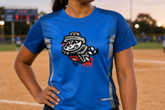 Trash Pandas Blue Softball Jersey — custom softball jersey worn on model — TeamGear Canada