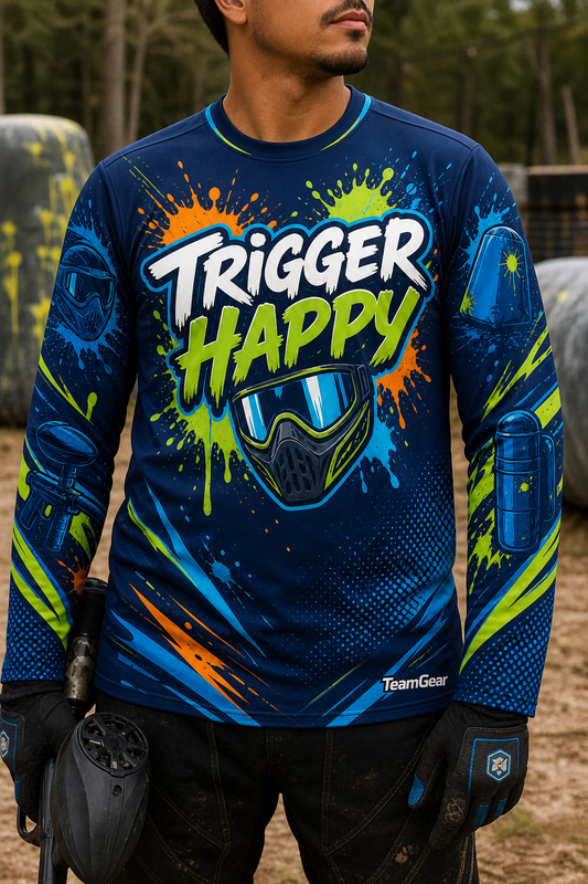 Trigger Happy Navy Long Sleeve Paintball Jersey — custom paintball jersey worn on model — TeamGear Canada