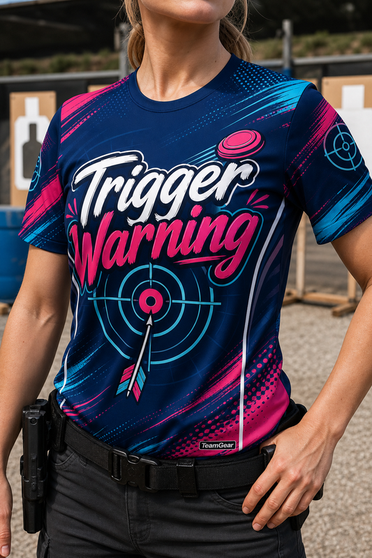 Trigger Warning Navy Shooting Jersey — custom shooting jersey worn on model — TeamGear Canada