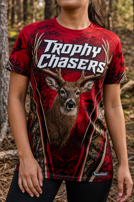 Trophy Chasers Crimson Hunting Jersey — custom hunting jersey worn on model — TeamGear Canada