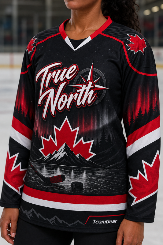 True North Black Hockey Jersey — custom hockey jersey worn on model — TeamGear Canada