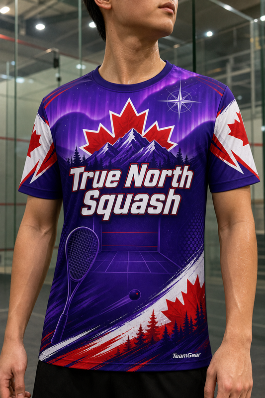 True North Squash Purple Squash Jersey — custom squash jersey worn on model — TeamGear Canada