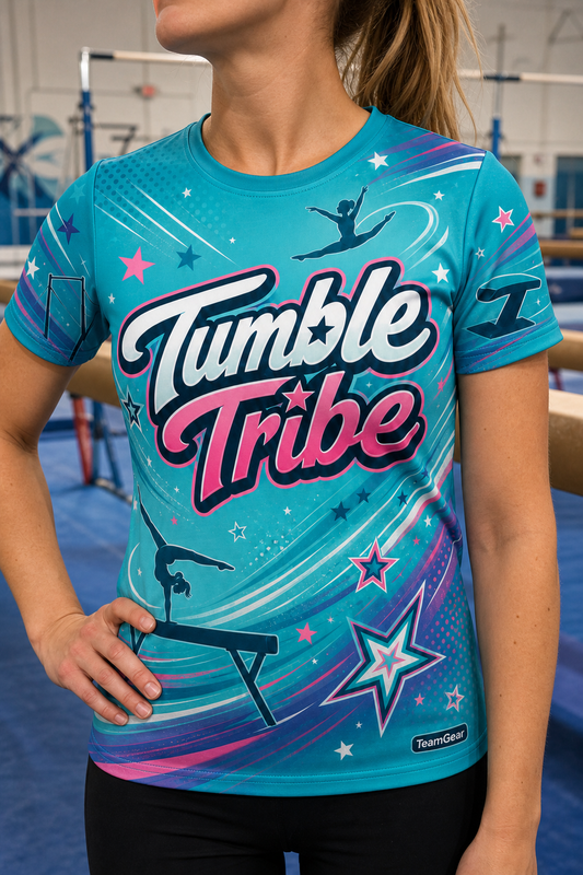 Tumble Tribe Teal Gymnastics Jersey — custom gymnastics jersey worn on model — TeamGear Canada