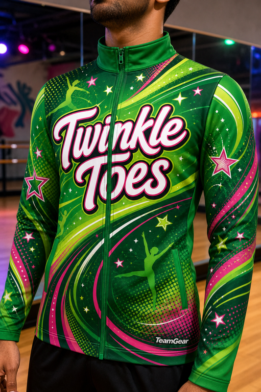 Twinkle Toes Green Dance Jacket — custom dance jacket worn on model — TeamGear Canada