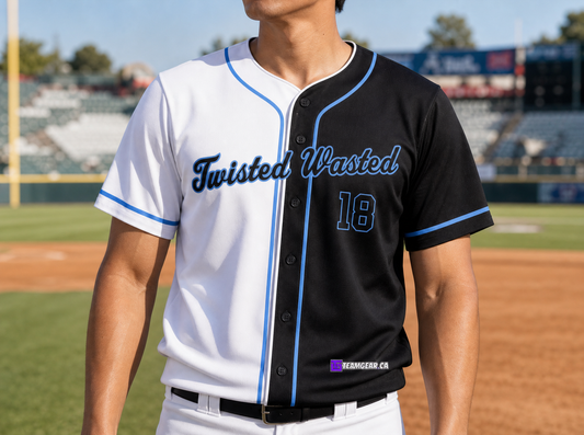 Twisted Wasted Splitter Baseball Jersey Full Button — custom baseball jersey worn on model — TeamGear Canada