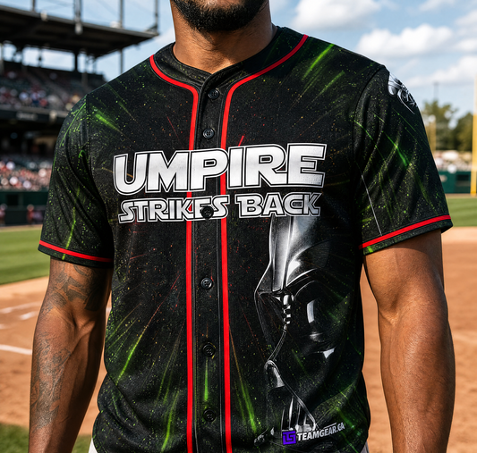 Umpire Strikes Back Black Baseball Jersey Full Button — custom baseball jersey worn on model — TeamGear Canada