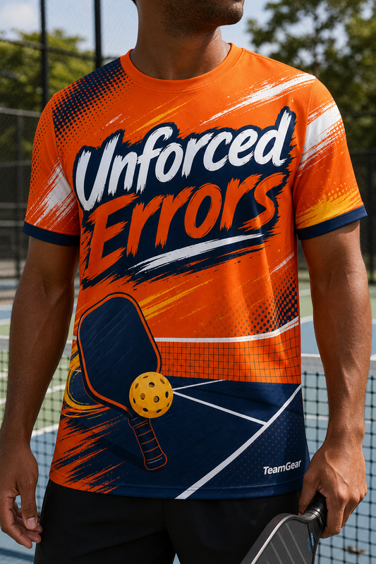 Unforced Errors Orange Pickleball Jersey — custom pickleball jersey worn on model — TeamGear Canada