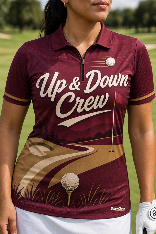 Up & Down Crew Maroon Golf Polo — custom golf team apparel worn on model — TeamGear Canada