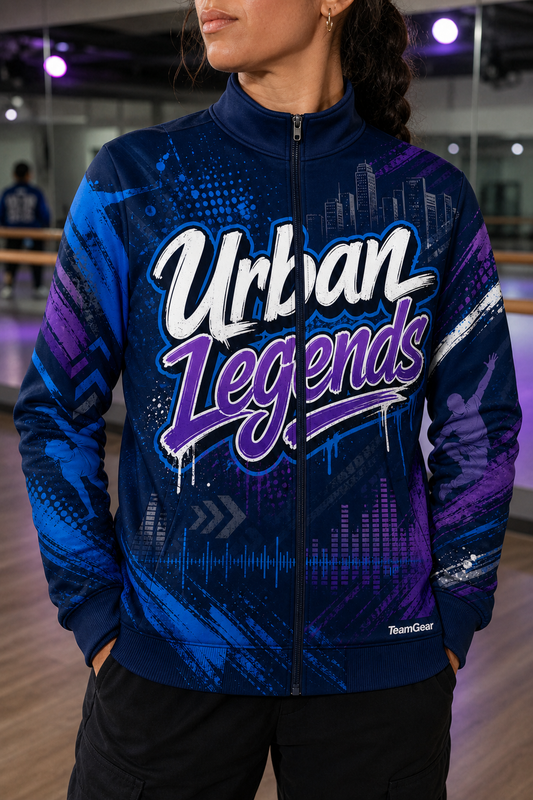 Urban Legends Navy Dance Jacket — custom dance jacket worn on model — TeamGear Canada