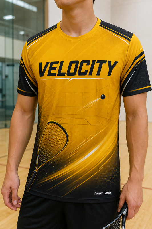 VELOCITY Gold Racquetball Jersey — custom racquetball jersey worn on model — TeamGear Canada