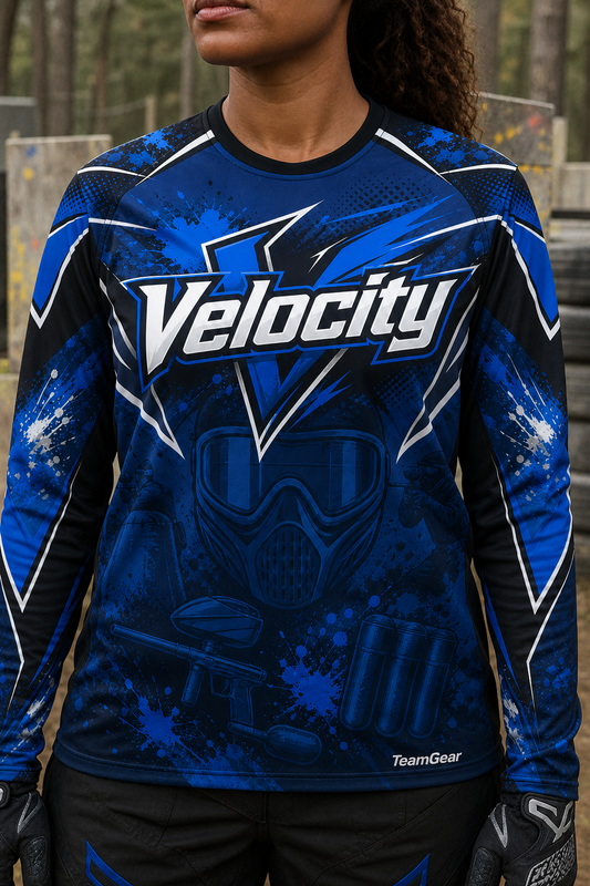 Velocity Blue Long Sleeve Paintball Jersey — custom paintball jersey worn on model — TeamGear Canada