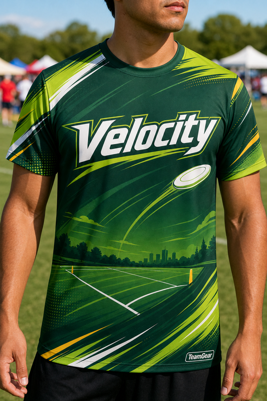 Velocity Green Ultimate Frisbee Jersey — custom ultimate frisbee jersey worn on model — TeamGear Canada