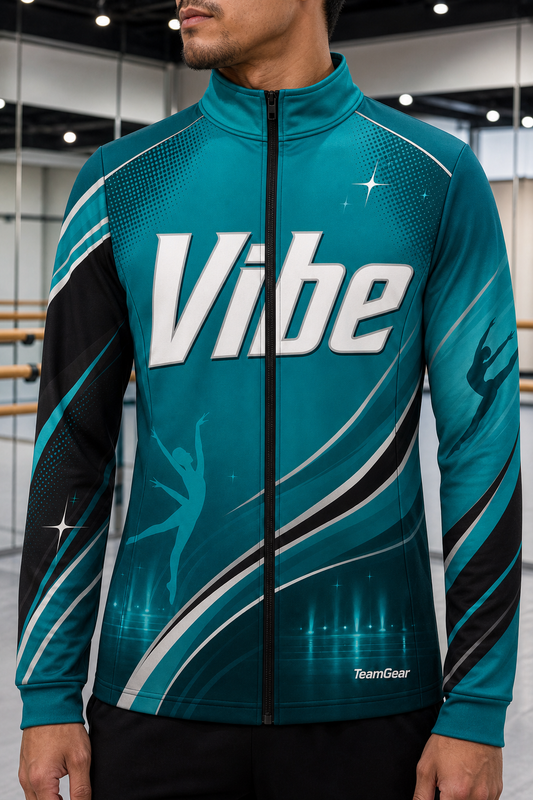 Vibe Teal Dance Jacket — custom dance jacket worn on model — TeamGear Canada