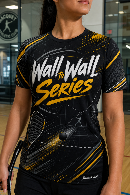 Wall to Wall Series Black Racquetball Jersey — custom racquetball jersey worn on model — TeamGear Canada