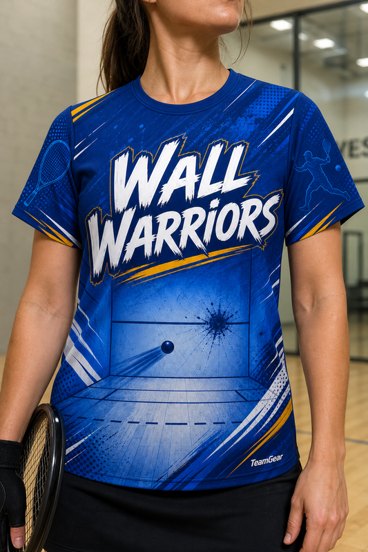 Wall Warriors Blue Racquetball Jersey — custom racquetball jersey worn on model — TeamGear Canada