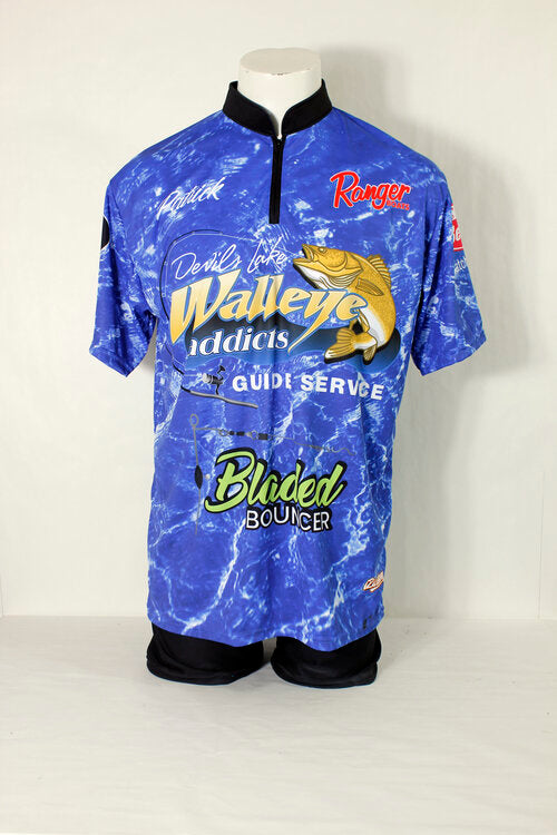 custom fishing zip neck full sublimation jersey made in Canada, crew neck, and button neck also available